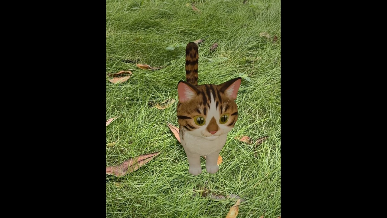 MaoMao, a tiny 3D cat, standing outdoors in augmented reality